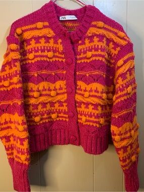 Women’s S ZARA Pink & Orange Chunky Knit Cardigan Crop Sweater
